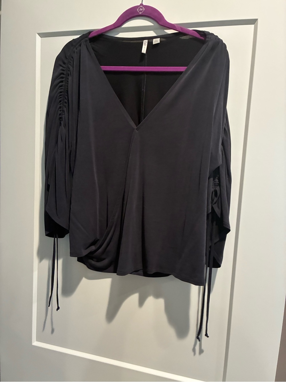 Cato Black V-Neck Draped Blouse with Ruched Sleeves